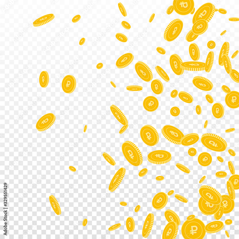 Russian ruble coins falling. Scattered disorderly Russian ruble coins falling. Scattered disorderly
