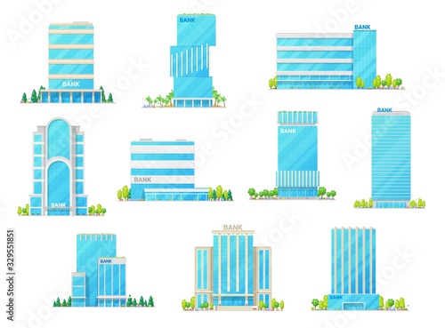 Bank, office and financial building vector icons. Tall office buildings and skyscrapers with modern glass facades, entrance doors, car parking lots and trees, commercial property and infrastructure