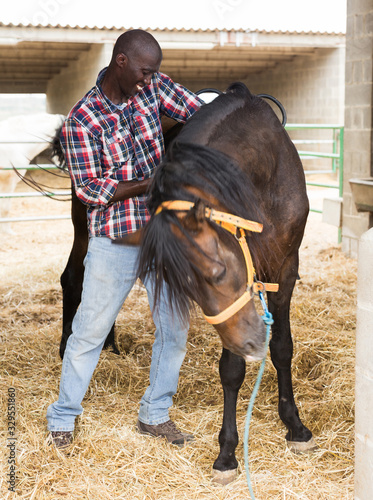 Male african american farmer removes saddle from horse at stable