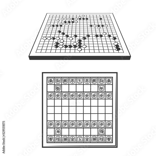 Go and shogi chess Japanese strategy game boards. Wooden vector boards with pieces, black and white stones on play field grids, oriental boardgame items isolated on white photo