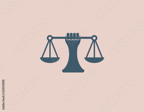 Abstract logo icon hand holding two scales for the judicial system or lawyer
