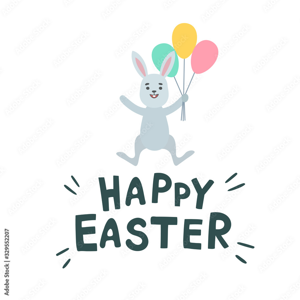 Cute easter bunny, easter rabbit. Greeting card with Happy Easter writing, letterin. Isolated on white background. Vector illustration Cute easter bunny, easter rabbit. Greeting card with Happy Easter writing, letterin. Isolated on white background. Vector illustration