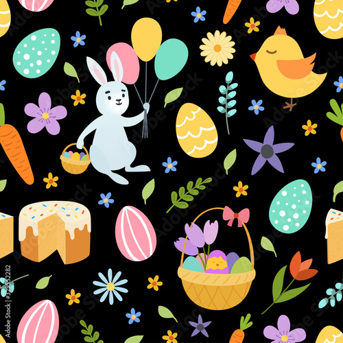 Hand draw colorful floral seamless pattern with eggs chiken rabbit flowers. Cute easter bunny. on black background. Vector illustration