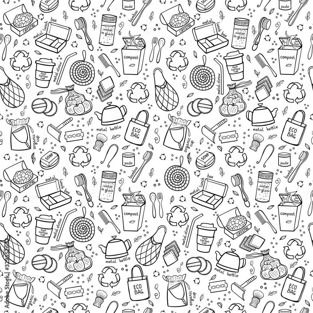 Seapless black and white pattern hand drawn elements of zero waste life. Eco style. No plastic. Go green. Vector illustration Seapless black and white pattern hand drawn elements of zero waste life. Eco style. No plastic. Go green. Vector illustration