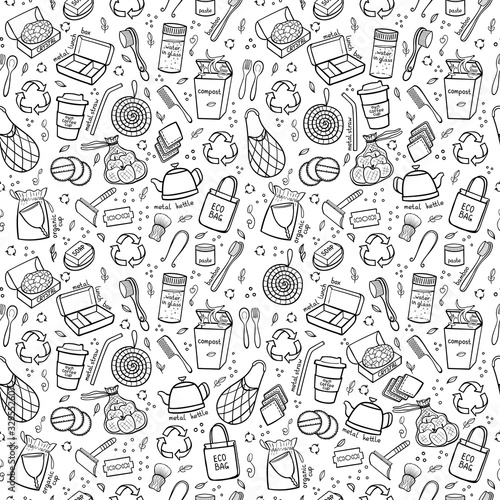 Seapless black and white pattern hand drawn elements of zero waste life. Eco style. No plastic. Go green. Vector illustration