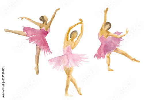Fototapeta Hand-drawn watercolor illustration: dancing ballerinas in pink