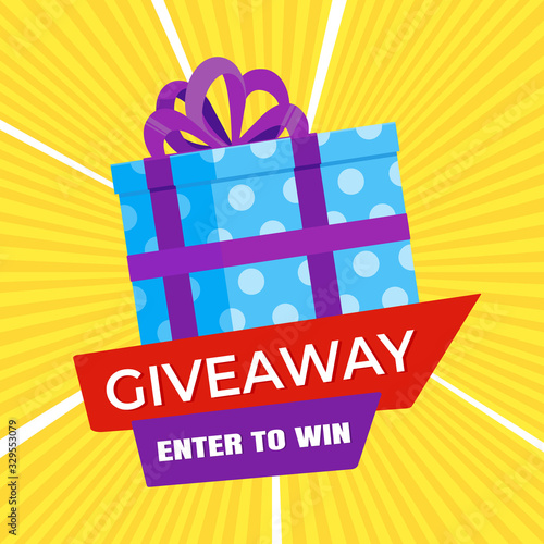 Giveaway gift concept for winners in social medias flat style design vector illustration. Internet give away poster for bloggers prize announcement random quizes flyer leflet on rays background. photo