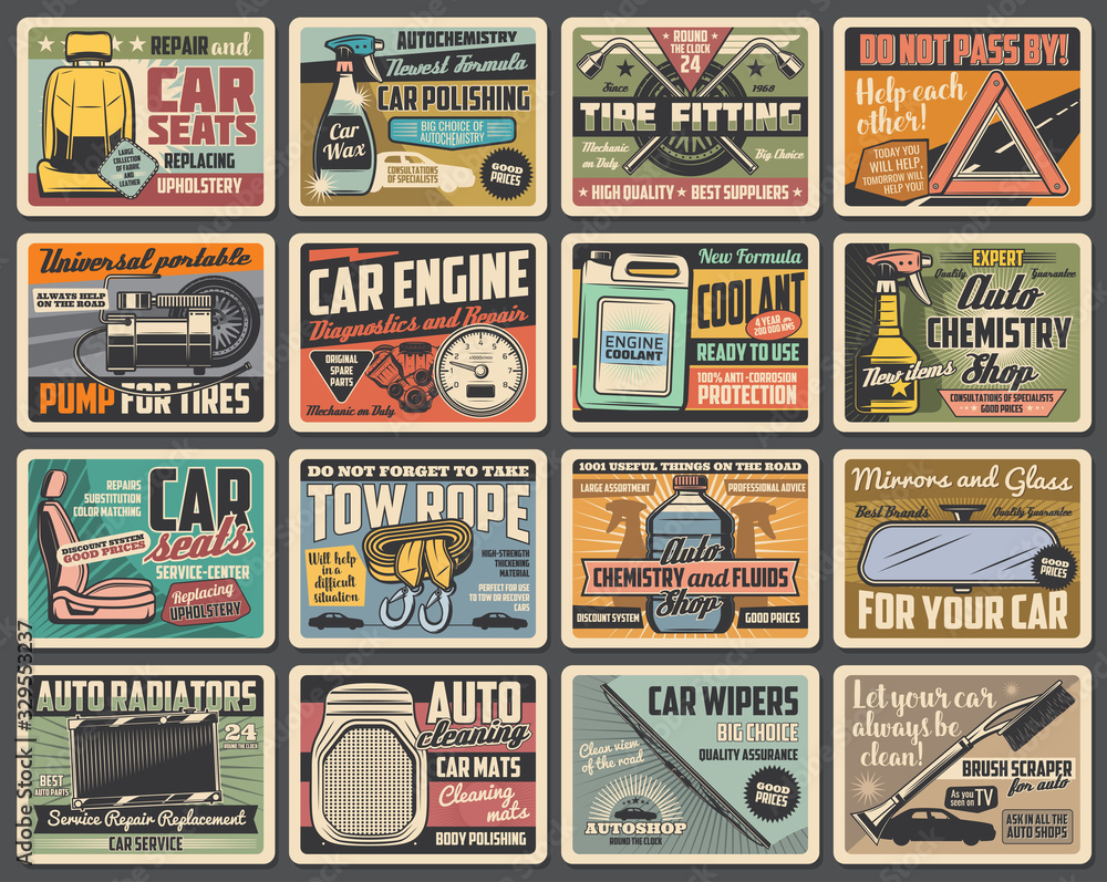 Car spare parts, maintenance vector retro posters. Vehicle repair