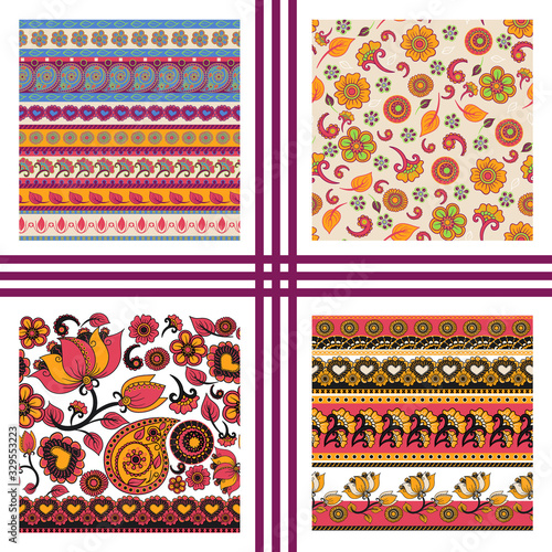Set of vector seamless texture. Ethnic indian kalamkari ornament. Collection of floral paisley decorative pattern
