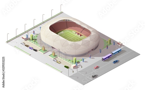 Stadium isometric 3D building. Vector soccer, football and baseball, cricket or rugby sport arena stadium with play field, tribunas and gates, running tracks, car parking and road