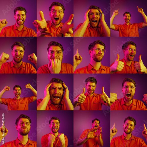 Collage of portraits of young emotional man in eyewear on purple background in neon. Concept of human emotions, facial expression, sales, ad. Celebrating, happy, pointing, smiling and thumbs up.