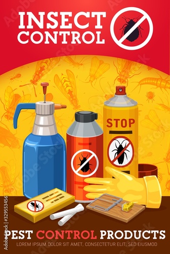 Pest, insect and bug control spray bottles vector design with insecticide and pesticide pump sprayer from mosquito, cockroach and flea. Tick repellent aerosol, ant and roach chalk, rat and mouse trap