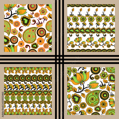 Set of vector seamless texture. Ethnic indian kalamkari ornament. Collection of floral paisley decorative pattern