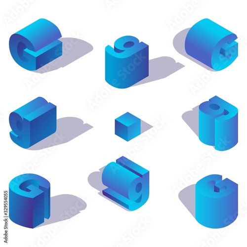 Isometric alphabet font element, english letter G. 3d effect letters in various foreshortening with flat shadows. Stock vector typeface for creative logo writing.