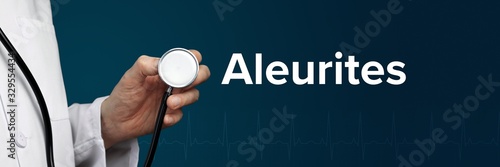 Aleurites. Doctor in smock holds stethoscope. The word Aleurites is next to it. Symbol of medicine, illness, health
