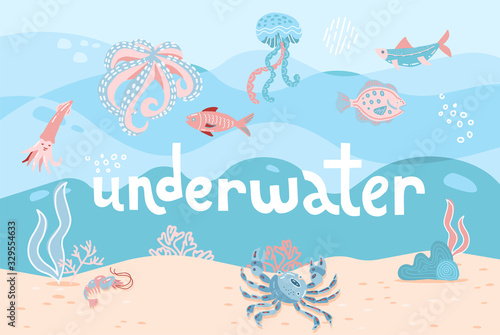 Hand drawn Cartoon Sea Underwater Nature Scene Color Background Web Flat Design with Fish  Seaweed  Marine inhabitants  Sand. Underwater lettering quote. illustration of Undersea Landscape
