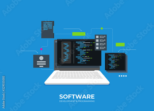 Software development and programming, program code on laptop screen, big data processing, computing isometric