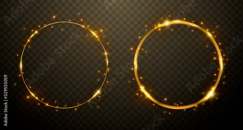 Gold vector frame, glow effect with light, bokeh, shine lines, isolated on transparent background. Golden trail, modern card, motion illustration.