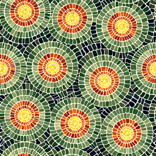 Seamless vector stone mosaic pattern with yellow circles inside green.