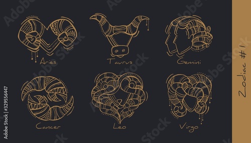Set of vector graphic illustration of zodiac signs in boho style. Aries, Taurus, Gemini, Cancer, Leo, Virgo. Set 1