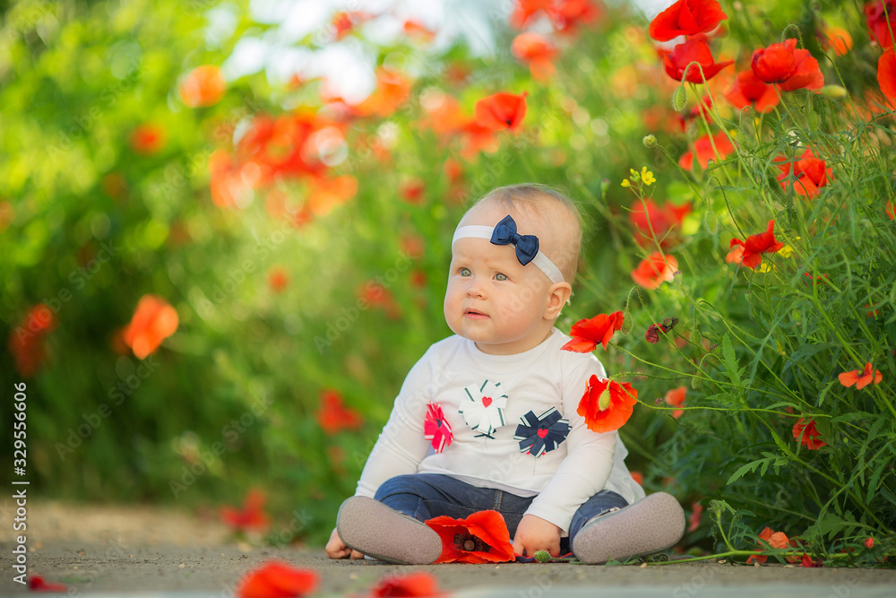 Portrait of a beautiful little girl having fun in field of red poppy flowers in spring.