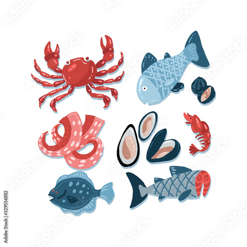 Set of flat color hand drawn rough simple seafood sketches. illustration isolated on white background. Seafood fish slices elements for kig menu, web design, textile prints, covers, posters photo