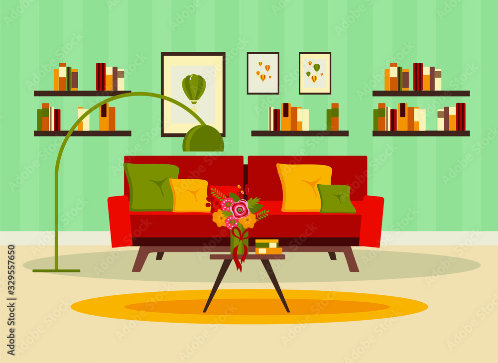 Living room interior with furniture, houseplants, books and home decorations. Flat cartoon vector illustration.