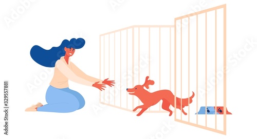 Pet shelter scene with dog running to girl out of cage. Happy animal and woman