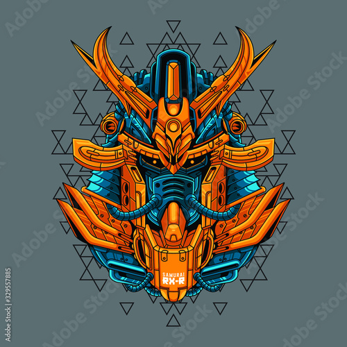 Mecha head samurai with sacred geometry pattern