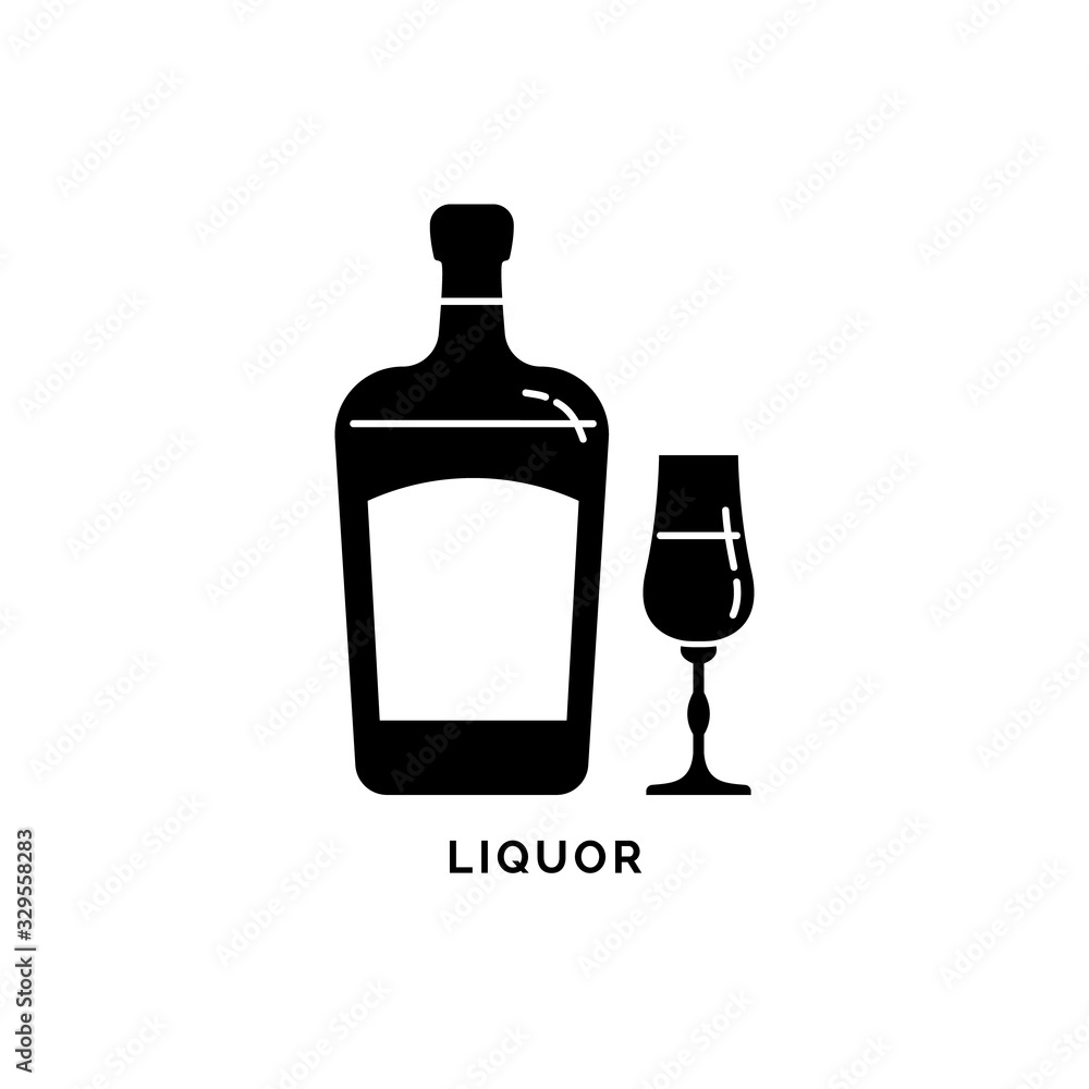 Illustration with silhouette bottle and glass liquor. Isolated object. Strong beverage label. White background. Design concept party, celebration. Modern sign Illustration with silhouette bottle and glass liquor. Isolated object. Strong beverage label. White background. Design concept party, celebration. Modern sign