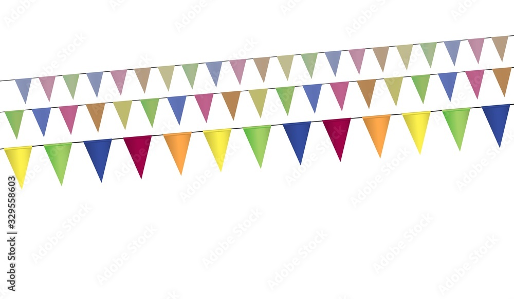 Obraz premium triangular colorful flags on three oblique lines, vector of garland isolated on white background