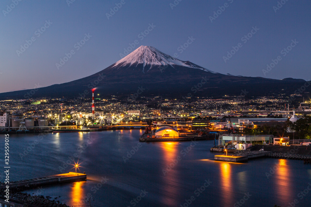 夕方の田子の浦から田子の浦の夜景と富士山