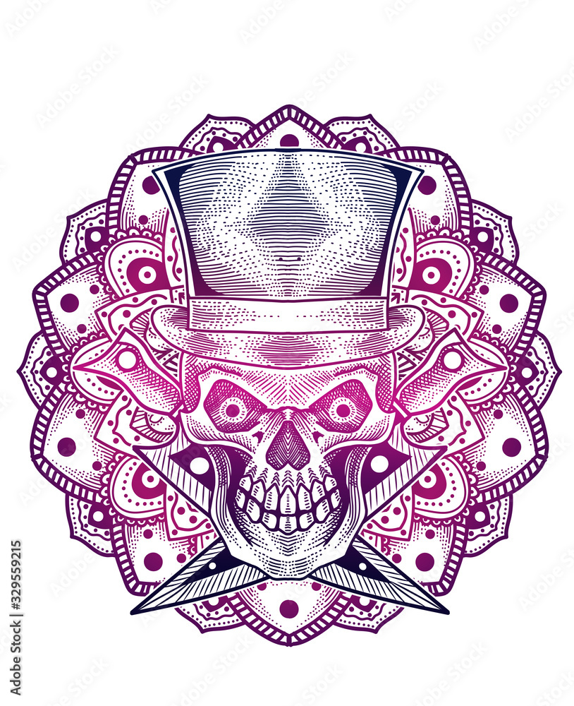 vector illustration scary death skull with hat and weapon perfect for print on demand