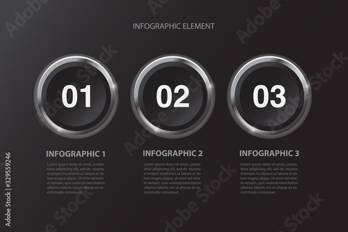 Modern minimal black buttons 3 steps infographics design element for business presentation. Vector illustration eps 10.