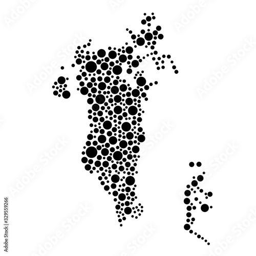 Bahrain map from black circles of different diameters or spots, blotches, abstract concept geometric shape. Vector illustration.