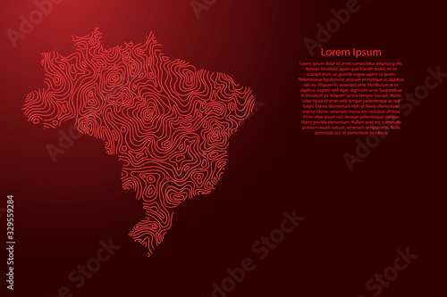 Brazil map from red isolines or level line geographic topographic map grid and glowing space stars. Vector illustration.