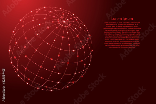 Globe or atlas a schematic representation of a planet with meridians and parallels from futuristic polygonal red lines and glowing stars for banner, poster, greeting card. Vector illustration.