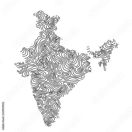 India map from black isolines or level line geographic topographic map grid. Vector illustration.