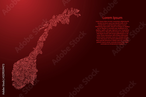 Norway map from red isolines or level line geographic topographic map grid and glowing space stars. Vector illustration.
