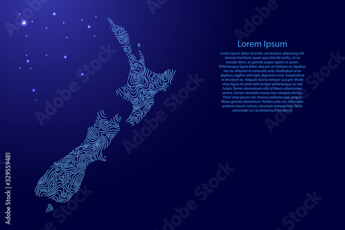 New Zealand map from blue isolines or level line geographic topographic map grid and glowing space stars. Vector illustration.