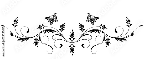 Vintage floral ornament with butterfly for greeting card isolated on white background
