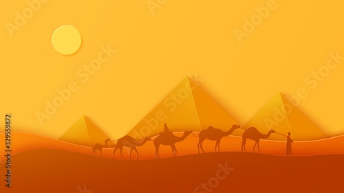 Traditional caravan walking throw egyptian desert in papercut style. Cutout craft background panorama of ancient pyramids. Vector abstract paper cut sunset with riding camel people. Wild life desert.
