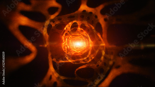 Orange color abstract technology tunnel and Digital particle flow  Digital cyberspace background