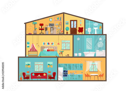 Fototapeta Naklejka Na Ścianę i Meble -  House model from inside. Detailed interiors with furniture and decor in flat style. Big House in cut. Cottage cutaway with interiors of bedroom, living room, kitchen, dining, bathroom, nursery