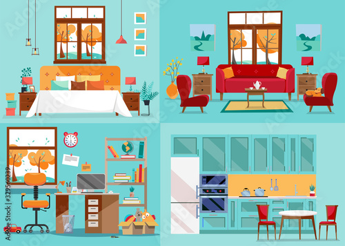 House interior 4 rooms. Inside front views of kitchen, living room, bedroom, nursery. Furnishing interior home rooms. Interior view for furnishing concept. Flat cartoon style illustration