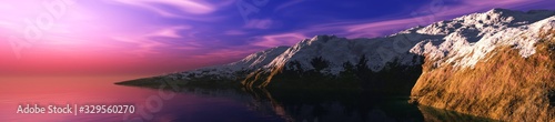 Beautiful panorama of the sea bay at sunset  rocks in the water at sunrise  3D rendering