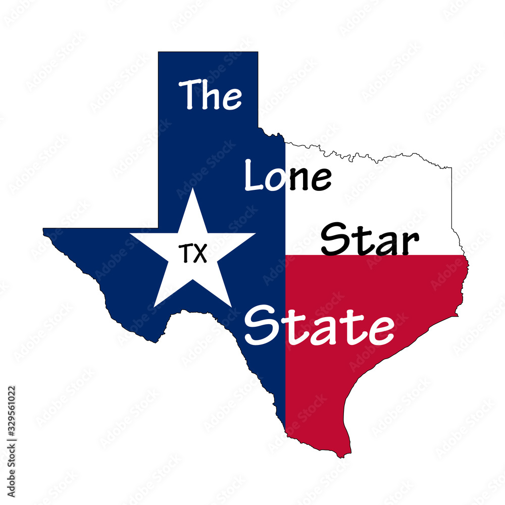 Flag map of Texas state, with "The Lone Star State" text inside the