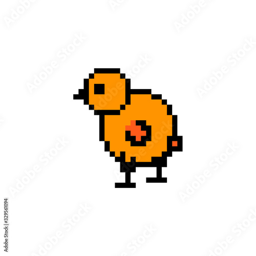Pixel art cute chicken isolated on white background. Funny yellow cartoon chicken, poultry, farm animals . Vector illustration