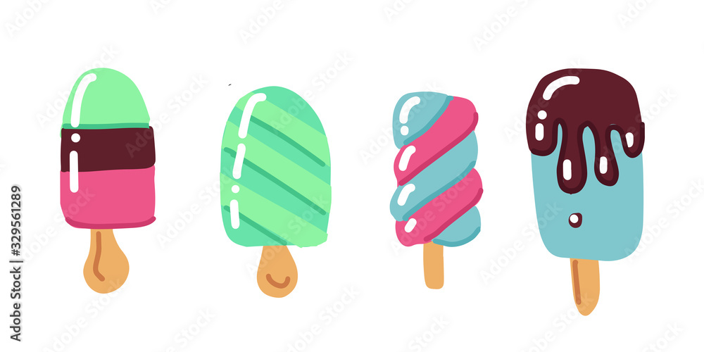 Flat hand drawn art icecream illustration set. Dessert food. Set of various simple ice cream bright color sketches: chocolate glaze, striped, layered popsicle. drawinf on white background Flat hand drawn art icecream illustration set. Dessert food. Set of various simple ice cream bright color sketches: chocolate glaze, striped, layered popsicle. drawinf on white background