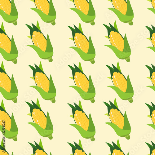 Seamless pattern with yellow corn and leaves on pastel green background. Vector illustration. 